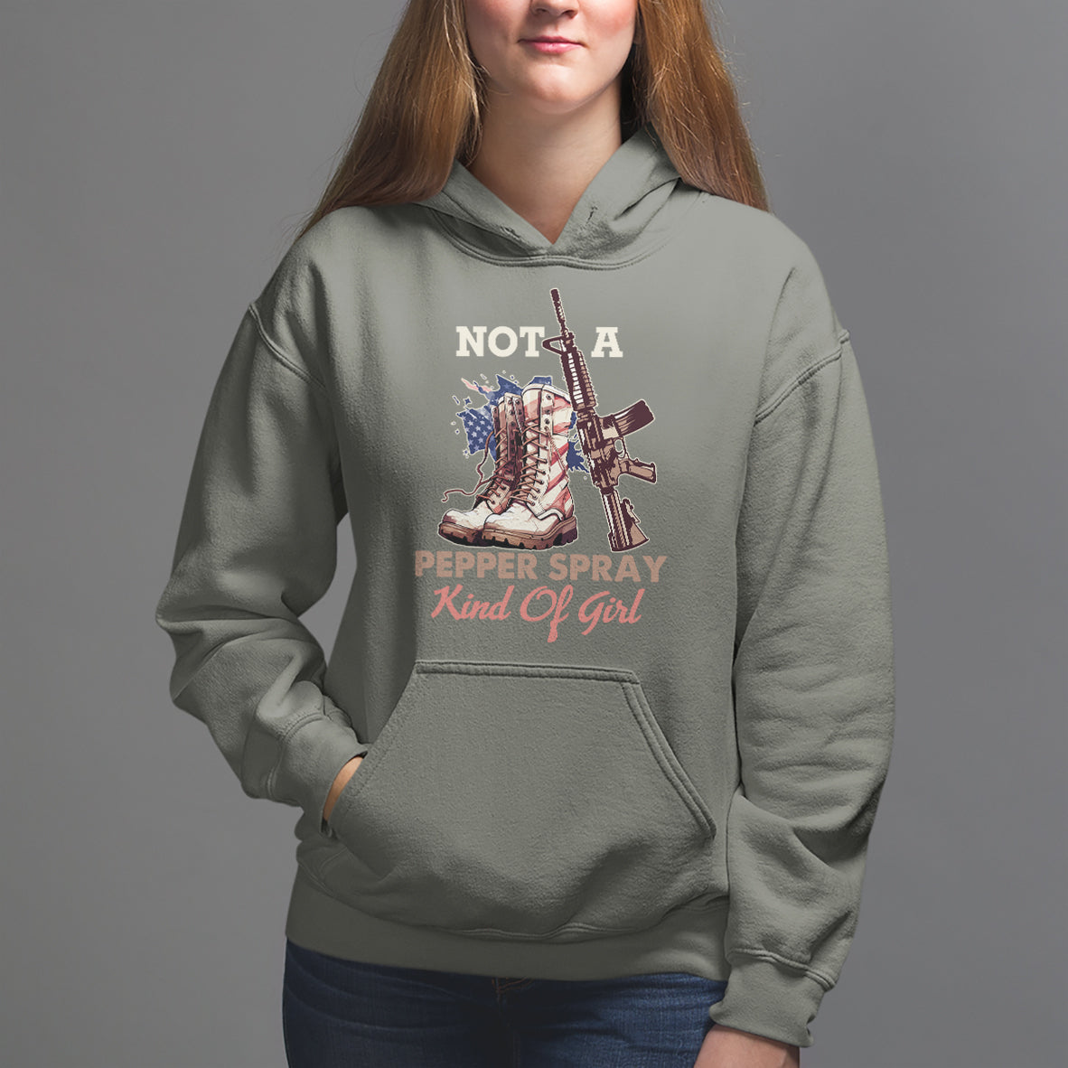 Female Veteran Hoodie Not A Pepper Spray Kind Of Girl American Flag Combat Boots - Wonder Print Shop