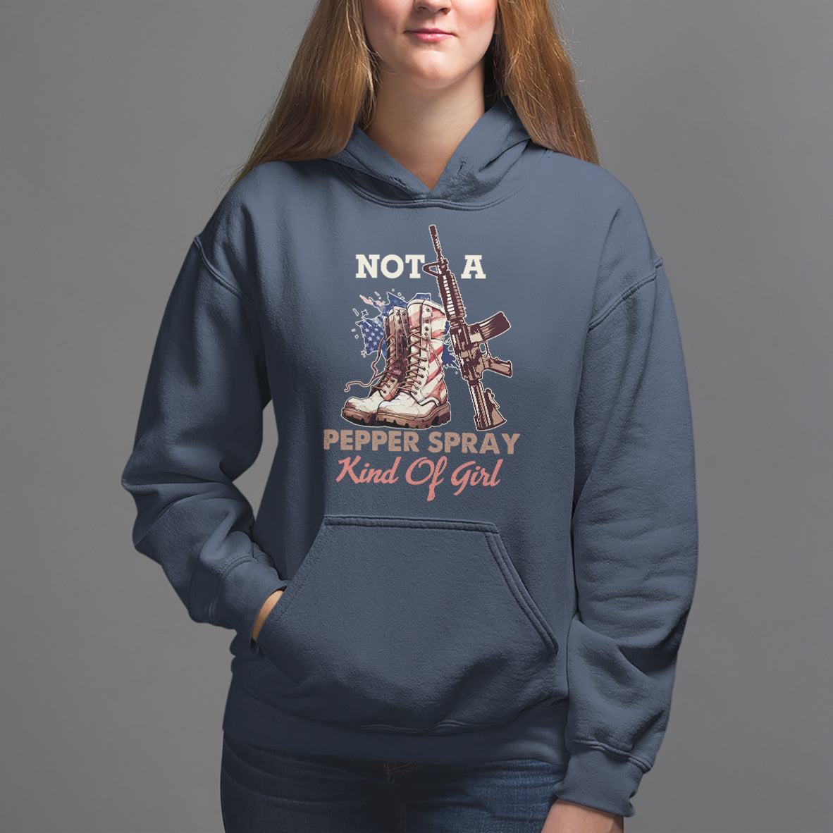 Female Veteran Hoodie Not A Pepper Spray Kind Of Girl American Flag Combat Boots - Wonder Print Shop