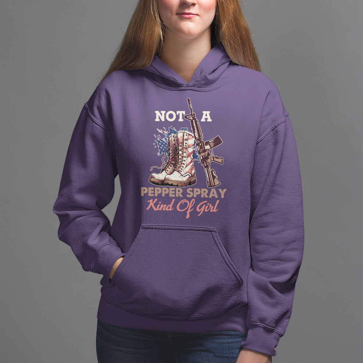 Female Veteran Hoodie Not A Pepper Spray Kind Of Girl American Flag Combat Boots - Wonder Print Shop