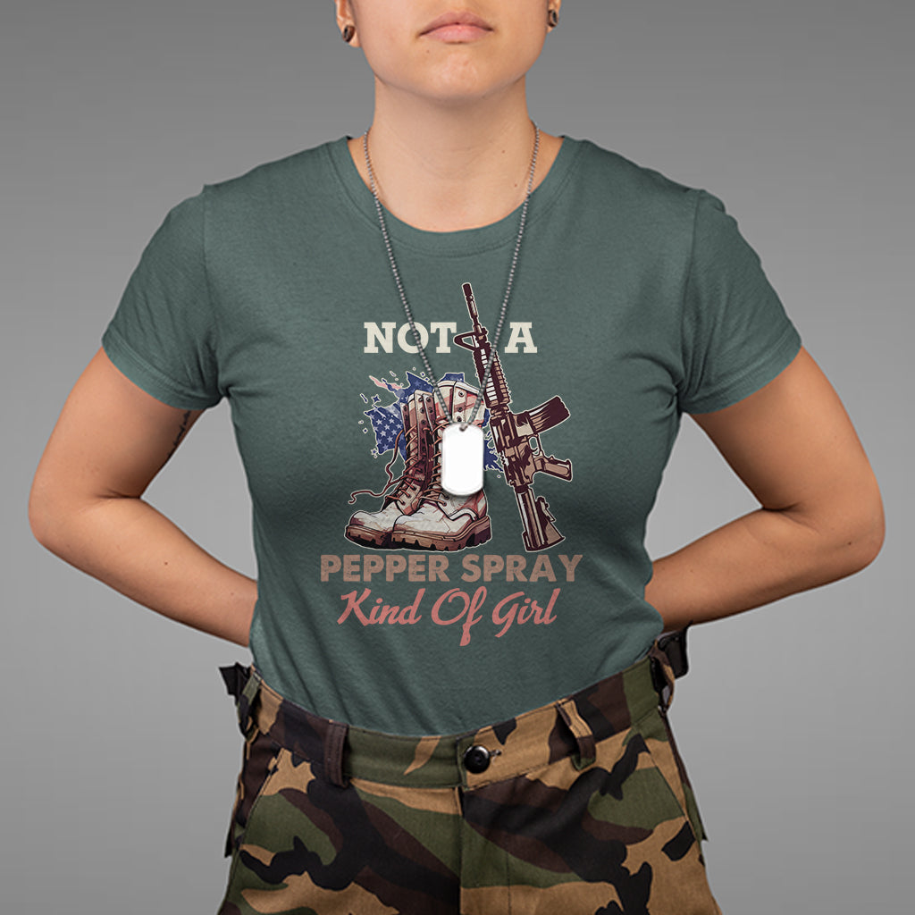 Female Veteran T Shirt Not A Pepper Spray Kind Of Girl American Flag Combat Boots - Wonder Print Shop