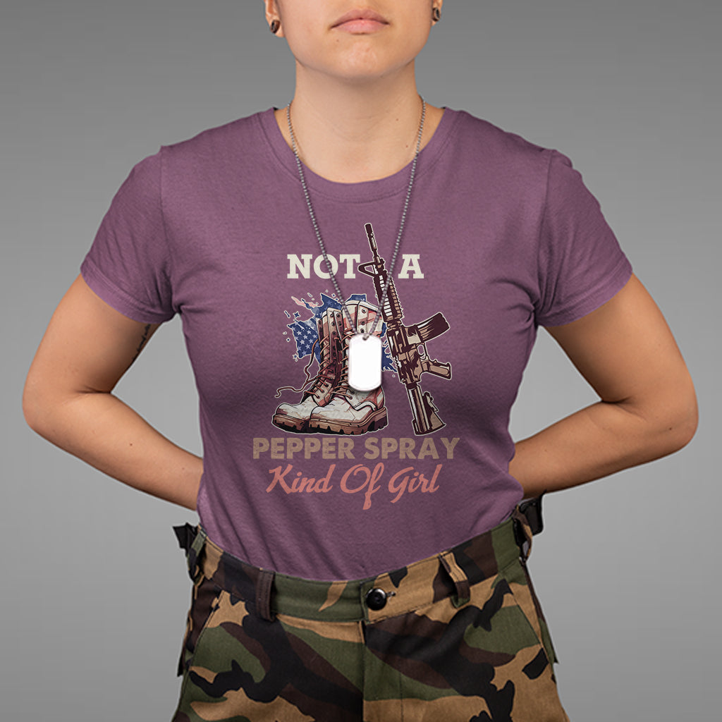Female Veteran T Shirt Not A Pepper Spray Kind Of Girl American Flag Combat Boots - Wonder Print Shop