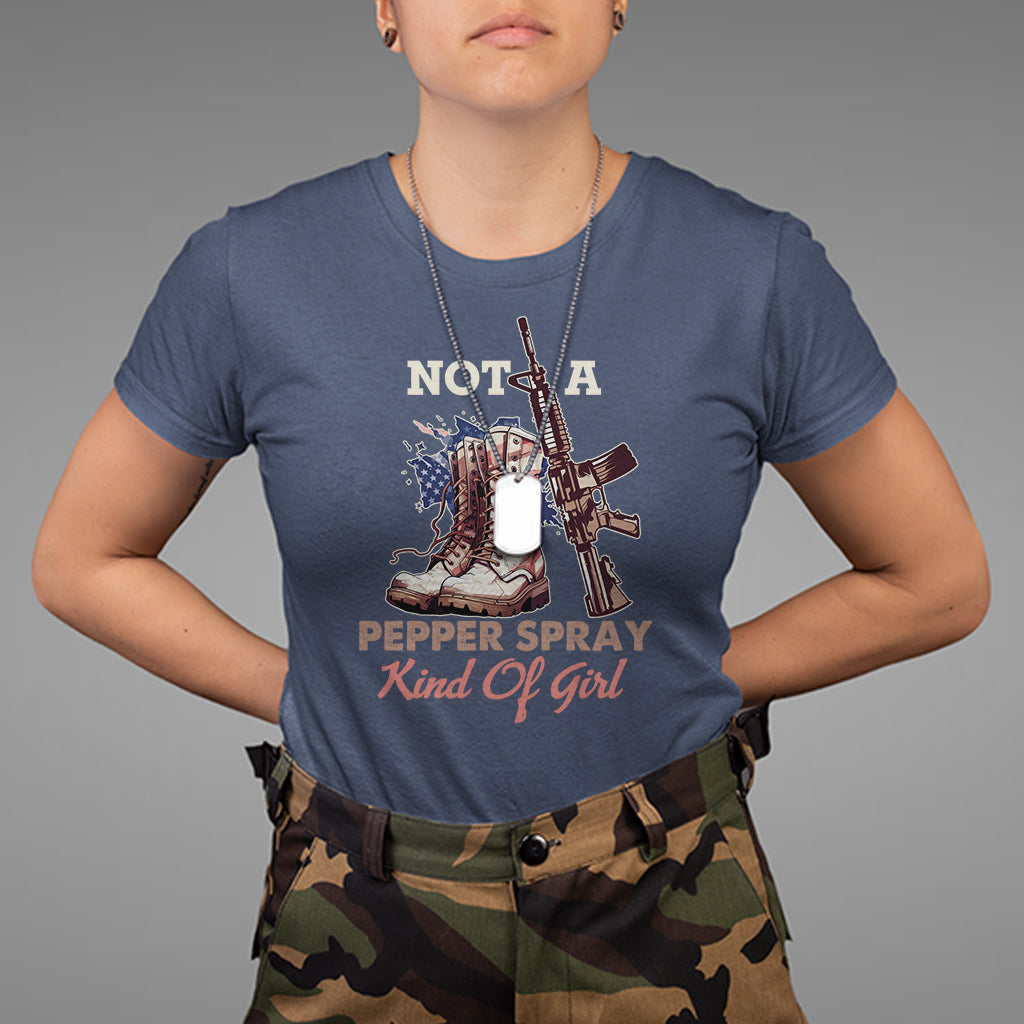 Female Veteran T Shirt Not A Pepper Spray Kind Of Girl American Flag Combat Boots - Wonder Print Shop