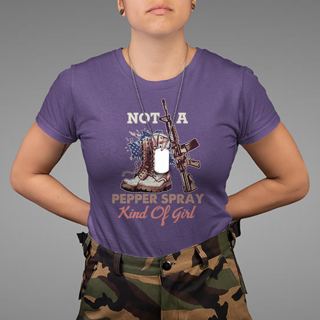 Female Veteran T Shirt Not A Pepper Spray Kind Of Girl American Flag Combat Boots - Wonder Print Shop