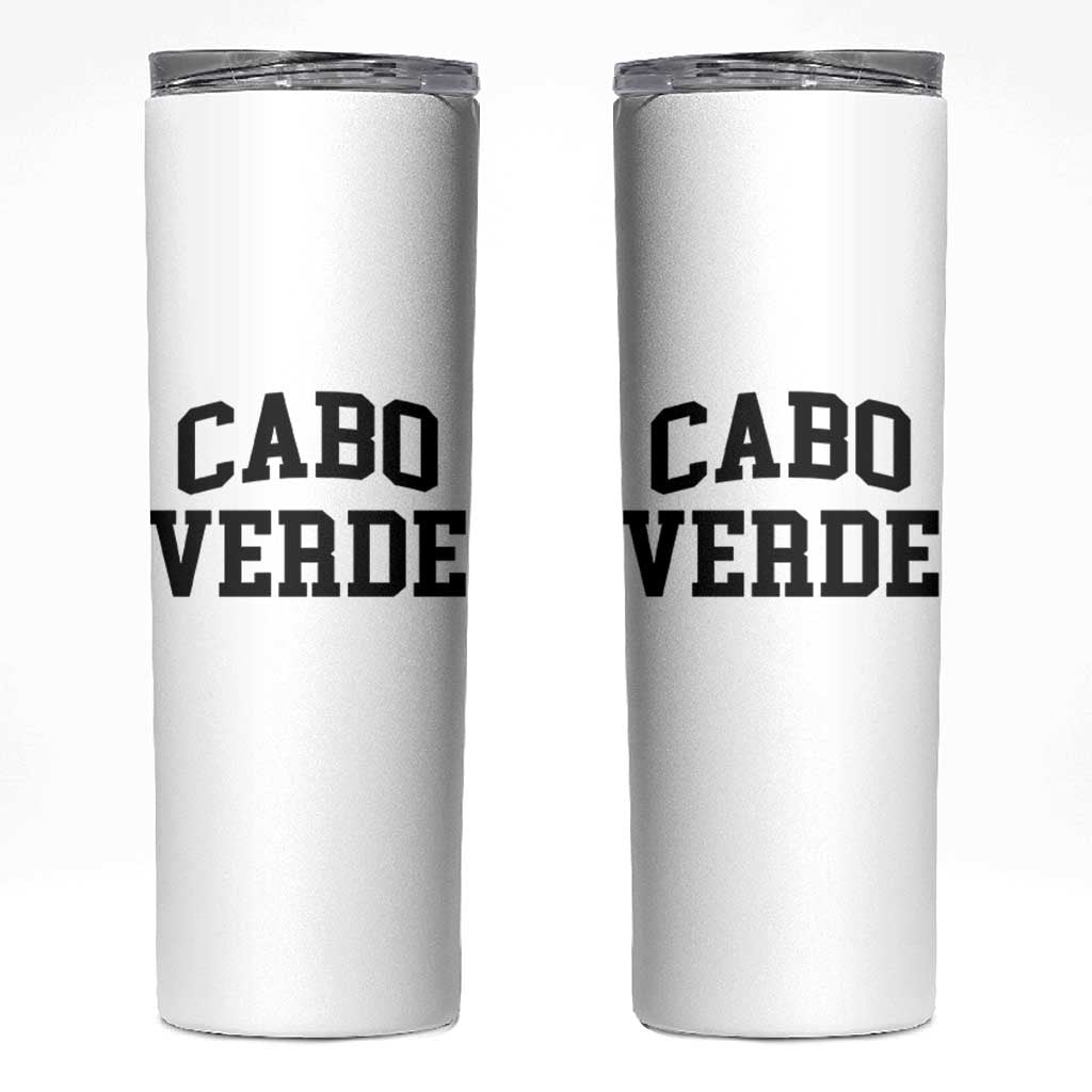 Cabo Verde Returns Home National Pride Varsity Style Skinny Tumbler Cape Verde Minimalist Text Graphic