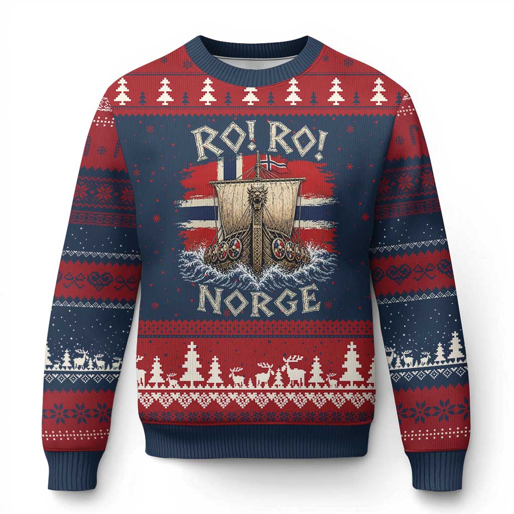 Retro Norge Viking Longship Ro Ro Ugly Christmas Sweater Patriotic Norge Norwegian Flag Funny Rowing Support