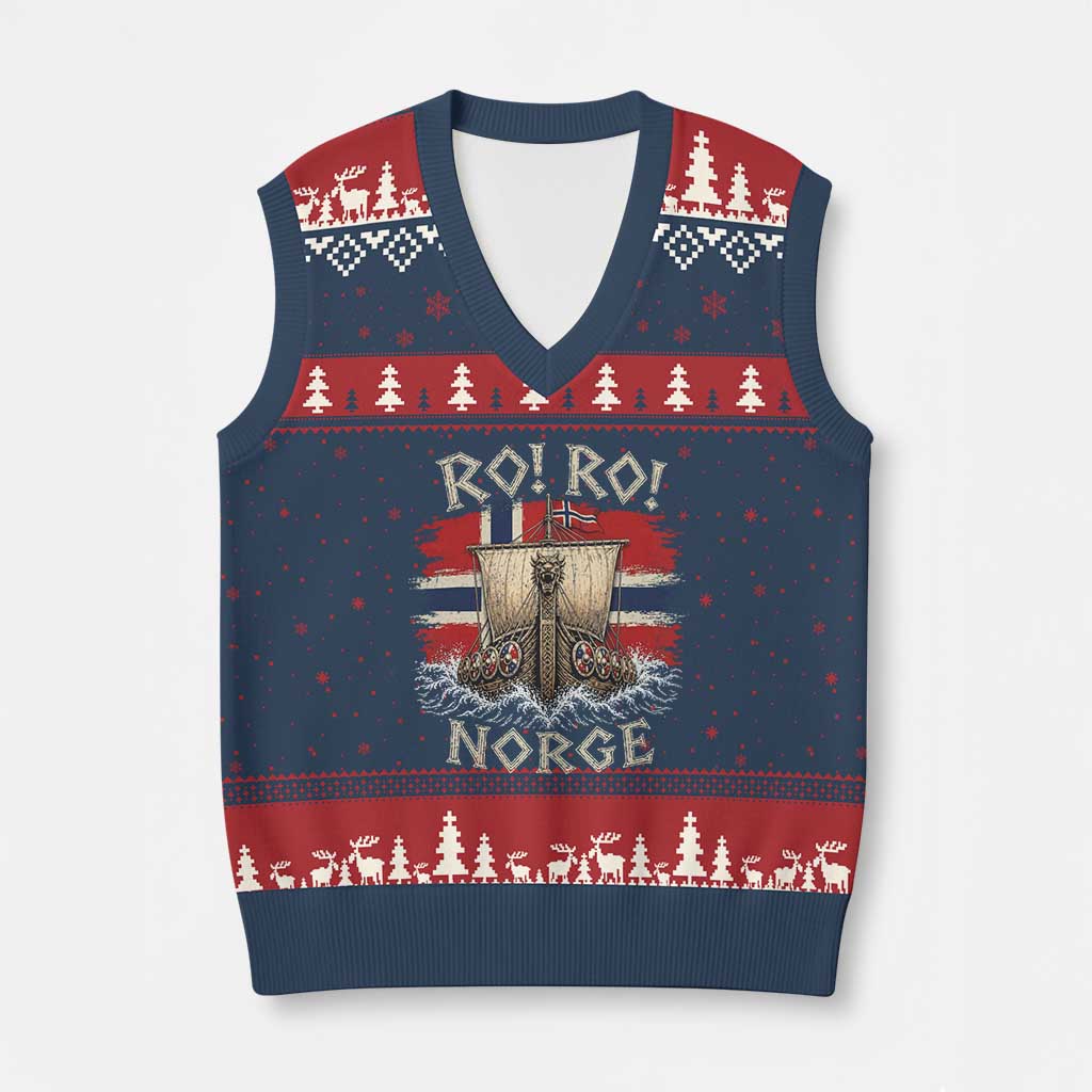 Retro Norge Viking Longship Ro Ro V-Neck Knit Sweater Vest Patriotic Norge Norwegian Flag Funny Rowing Support
