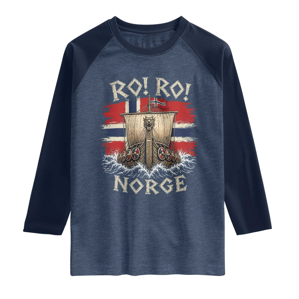 Retro Norge Viking Longship Ro Ro Raglan Shirt Patriotic Norge Norwegian Flag Funny Rowing Support