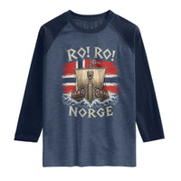 Retro Norge Viking Longship Ro Ro Raglan Shirt Patriotic Norge Norwegian Flag Funny Rowing Support