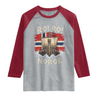 Retro Norge Viking Longship Ro Ro Raglan Shirt Patriotic Norge Norwegian Flag Funny Rowing Support