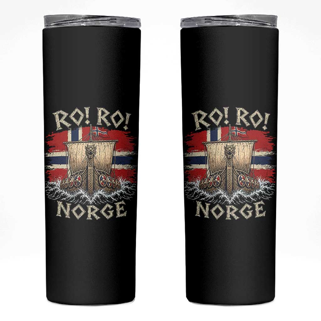 Retro Norge Viking Longship Ro Ro Skinny Tumbler Patriotic Norge Norwegian Flag Funny Rowing Support