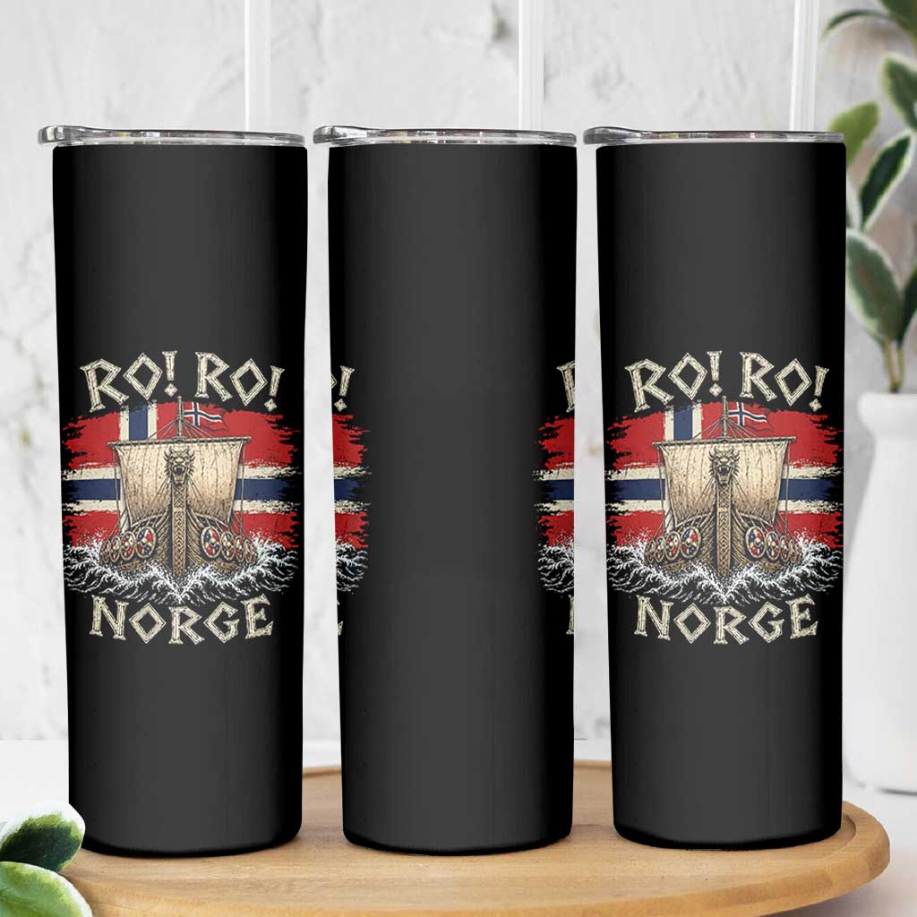 Retro Norge Viking Longship Ro Ro Skinny Tumbler Patriotic Norge Norwegian Flag Funny Rowing Support
