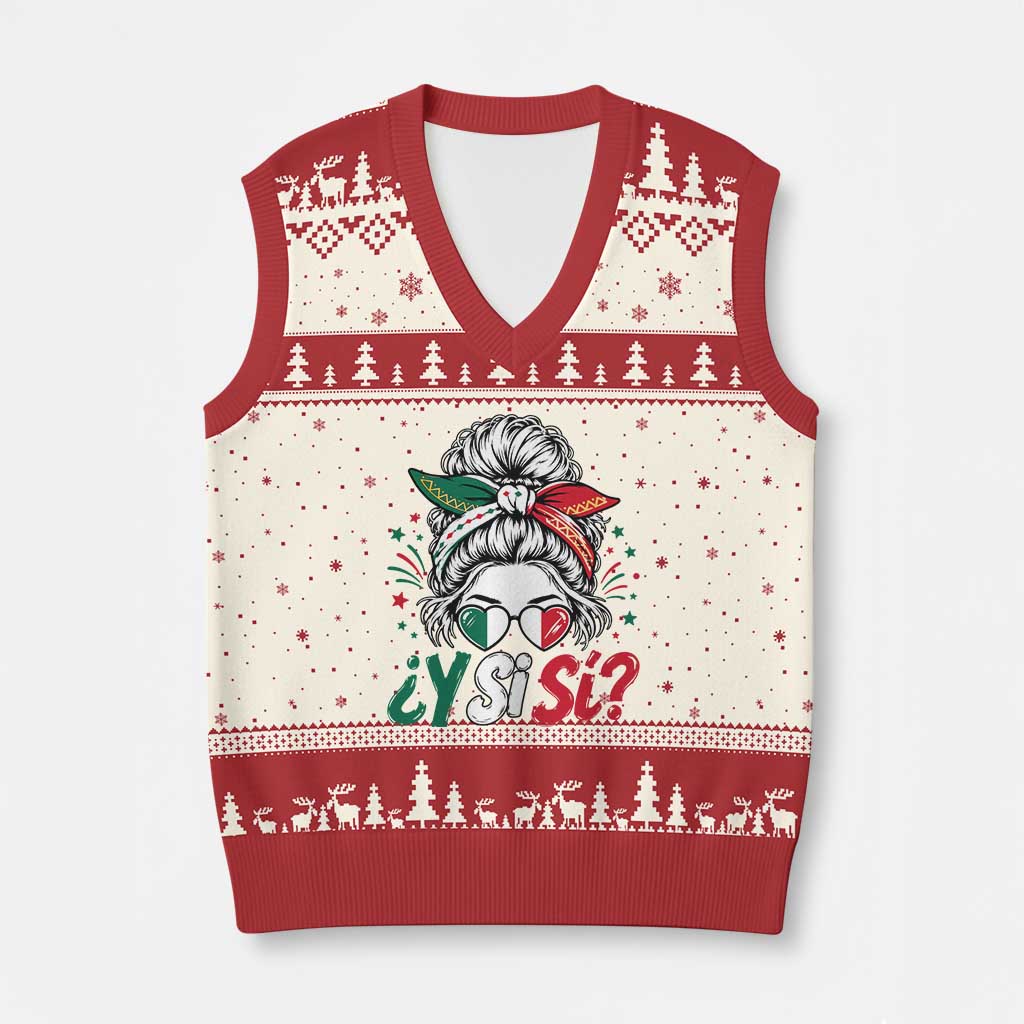 Y Si Si Mexican Flag Messy Bun with Sunglasses Graphic V-Neck Knit Sweater Vest What If Yes Mexico Latina Pride