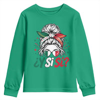 Y Si Si Mexican Flag Messy Bun with Sunglasses Graphic Youth Sweatshirt What If Yes Mexico Latina Pride