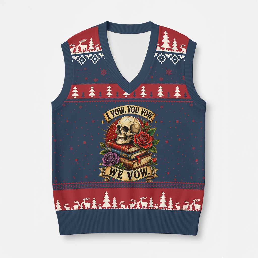 Vintage Skull Roses Gothic Dark Academia Aesthetic V-Neck Knit Sweater Vest I Vow You Vow We Vow Fantasy Fiction Bookish Gift