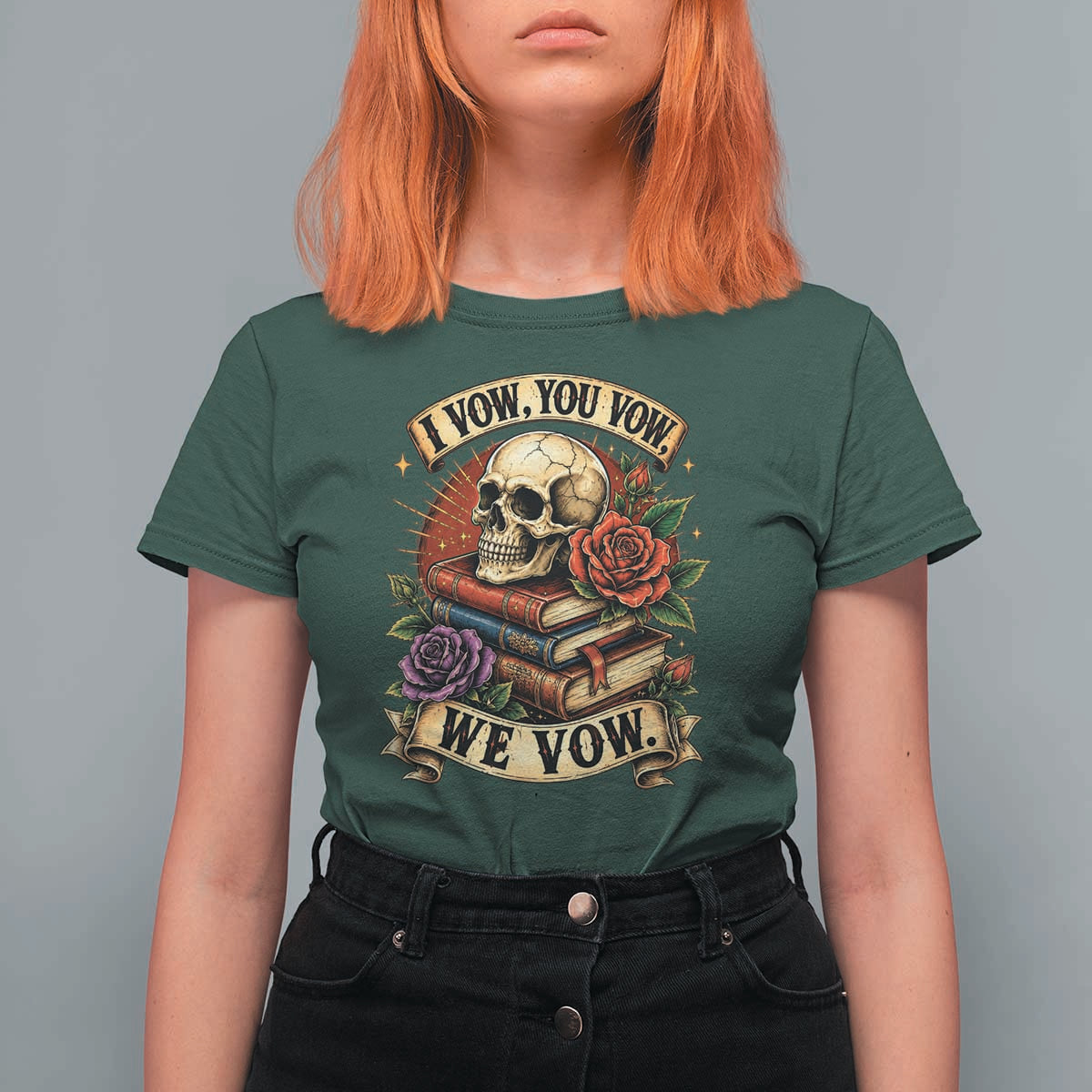 Vintage Skull Roses Gothic Dark Academia Aesthetic T Shirt For Women I Vow You Vow We Vow Fantasy Fiction Bookish Gift