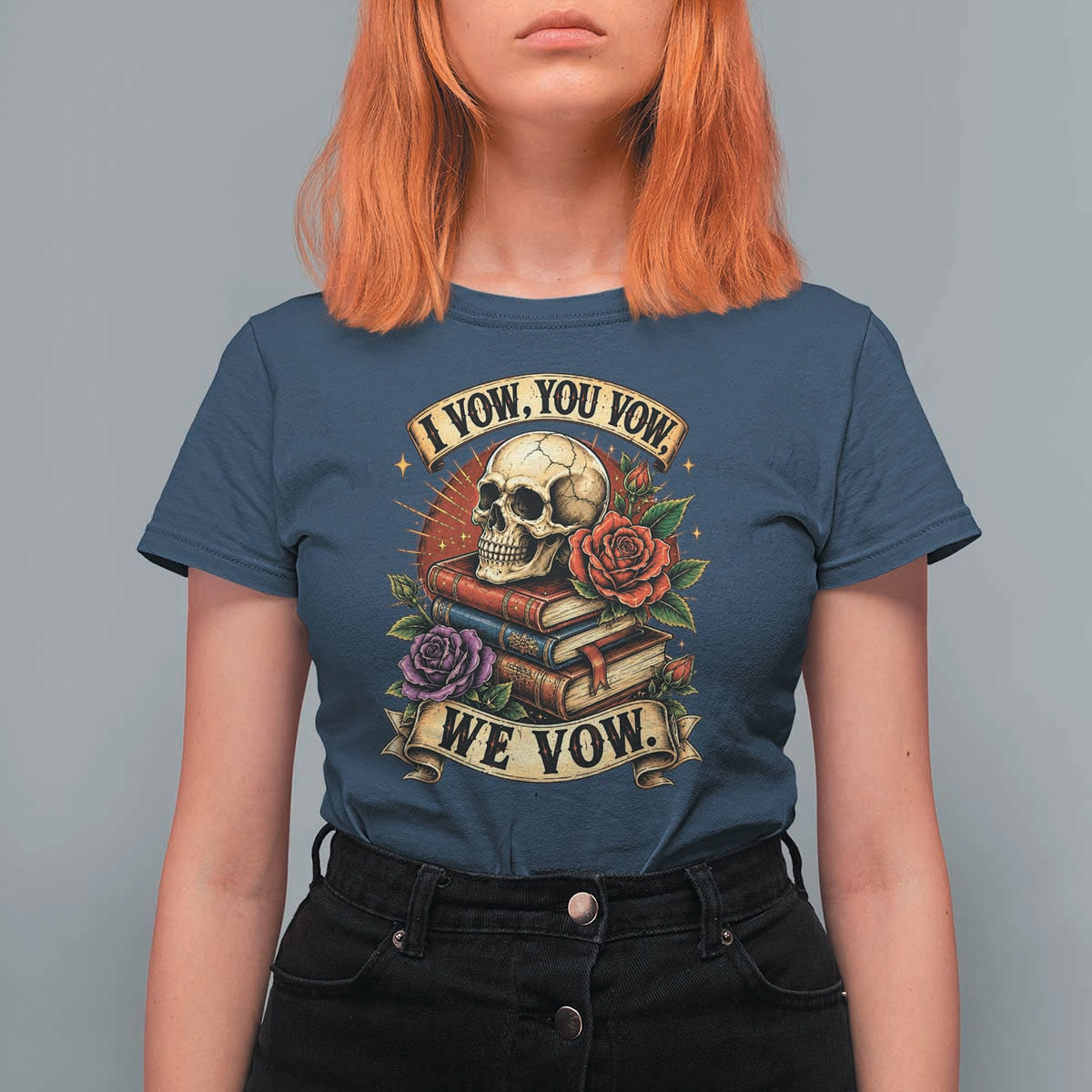 Vintage Skull Roses Gothic Dark Academia Aesthetic T Shirt For Women I Vow You Vow We Vow Fantasy Fiction Bookish Gift