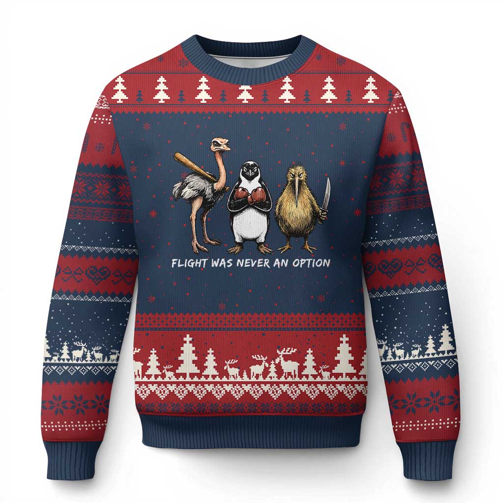 Flight Was Never An Option Flightless Birds Ugly Christmas Sweater Funny Ostrich Penguin Kiwi Brawler Dark Humor Graphic