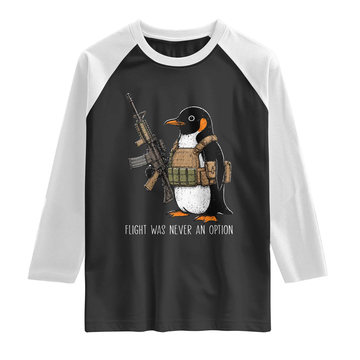 Flight Was Never An Option Tactical Penguin Raglan Shirt Funny Military Camo Vest Combat Animal Dark Humor Graphic