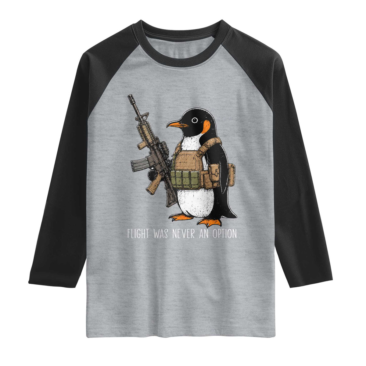 Flight Was Never An Option Tactical Penguin Raglan Shirt Funny Military Camo Vest Combat Animal Dark Humor Graphic