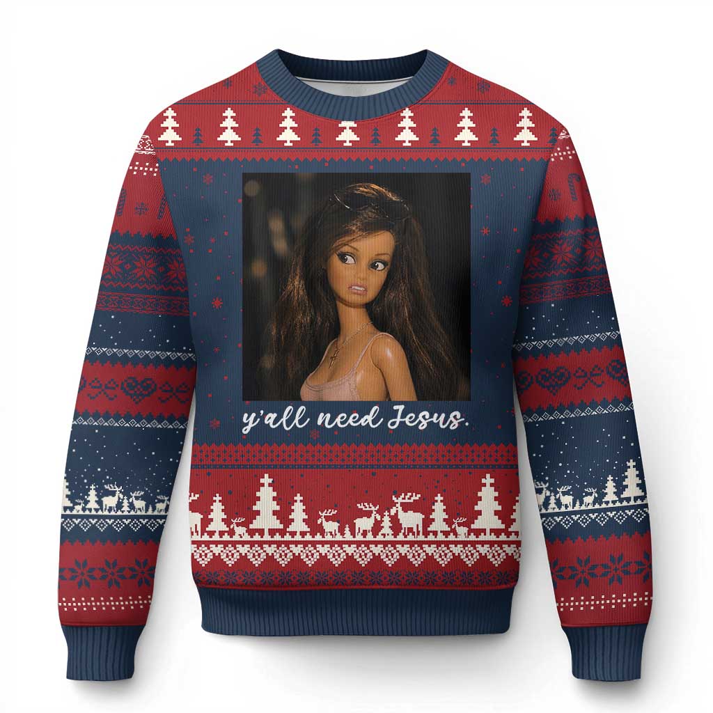 Yall Need Jesus Funny Doll Side Eye Meme Ugly Christmas Sweater Sarcastic Southern Humor Religion Faith
