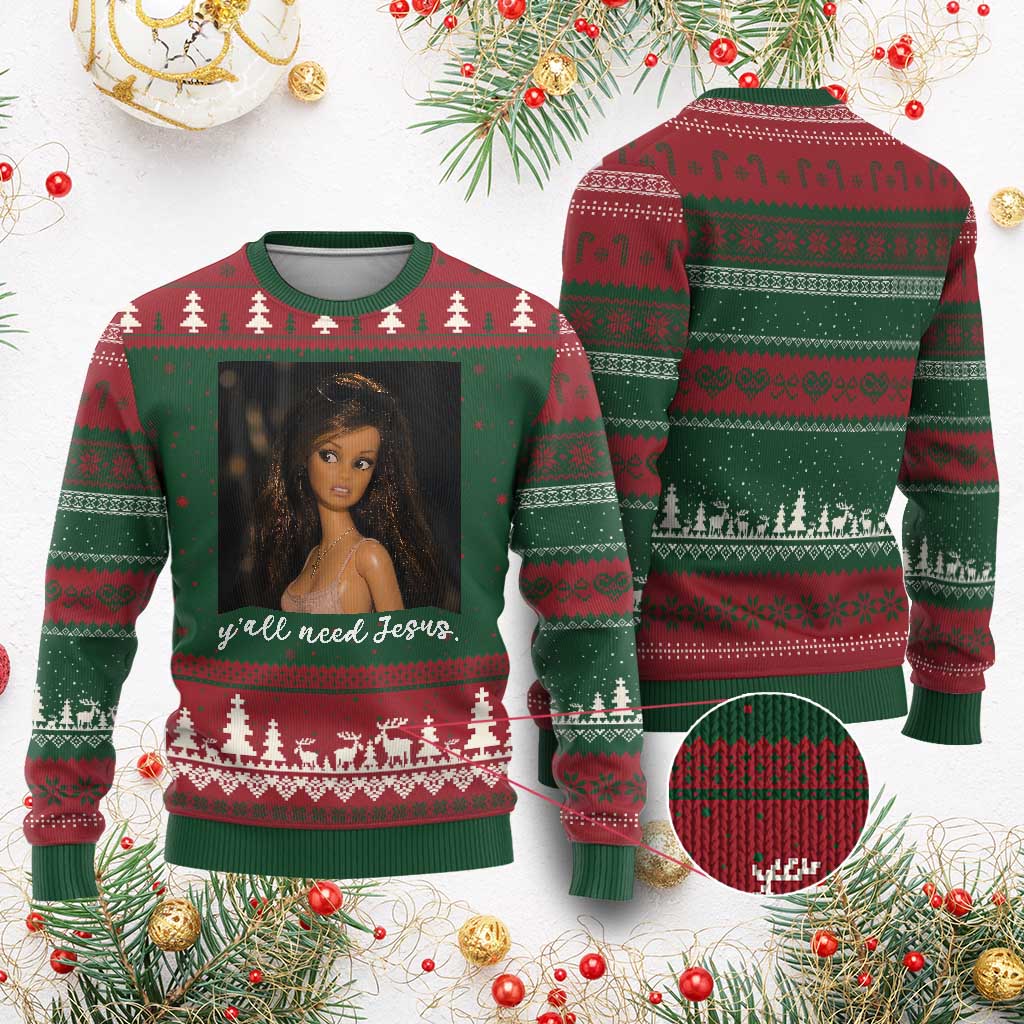 Yall Need Jesus Funny Doll Side Eye Meme Ugly Christmas Sweater Sarcastic Southern Humor Religion Faith