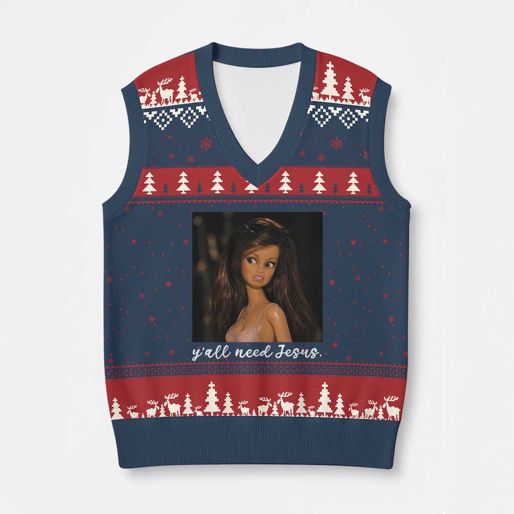 Yall Need Jesus Funny Doll Side Eye Meme V-Neck Knit Sweater Vest Sarcastic Southern Humor Religion Faith