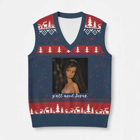 Yall Need Jesus Funny Doll Side Eye Meme V-Neck Knit Sweater Vest Sarcastic Southern Humor Religion Faith