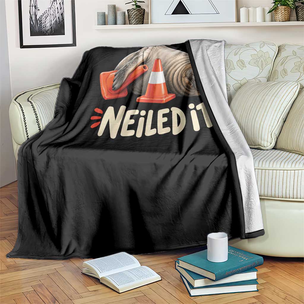 Funny Neil The Seal Nailed It Meme Throw Blanket Cute Chaotic Viral Elephant Seal Traffic Cone Pun