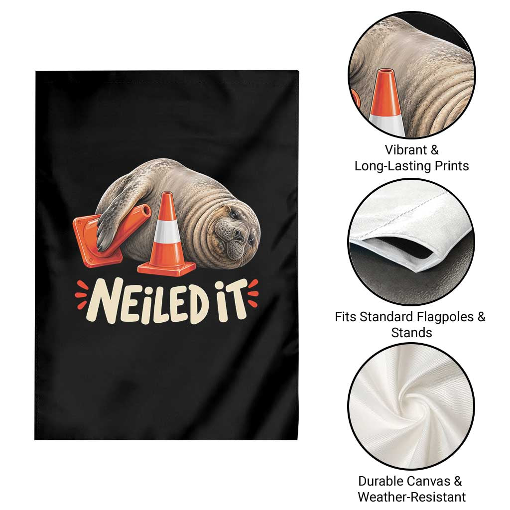 Funny Neil The Seal Nailed It Meme Garden Flag Cute Chaotic Viral Elephant Seal Traffic Cone Pun
