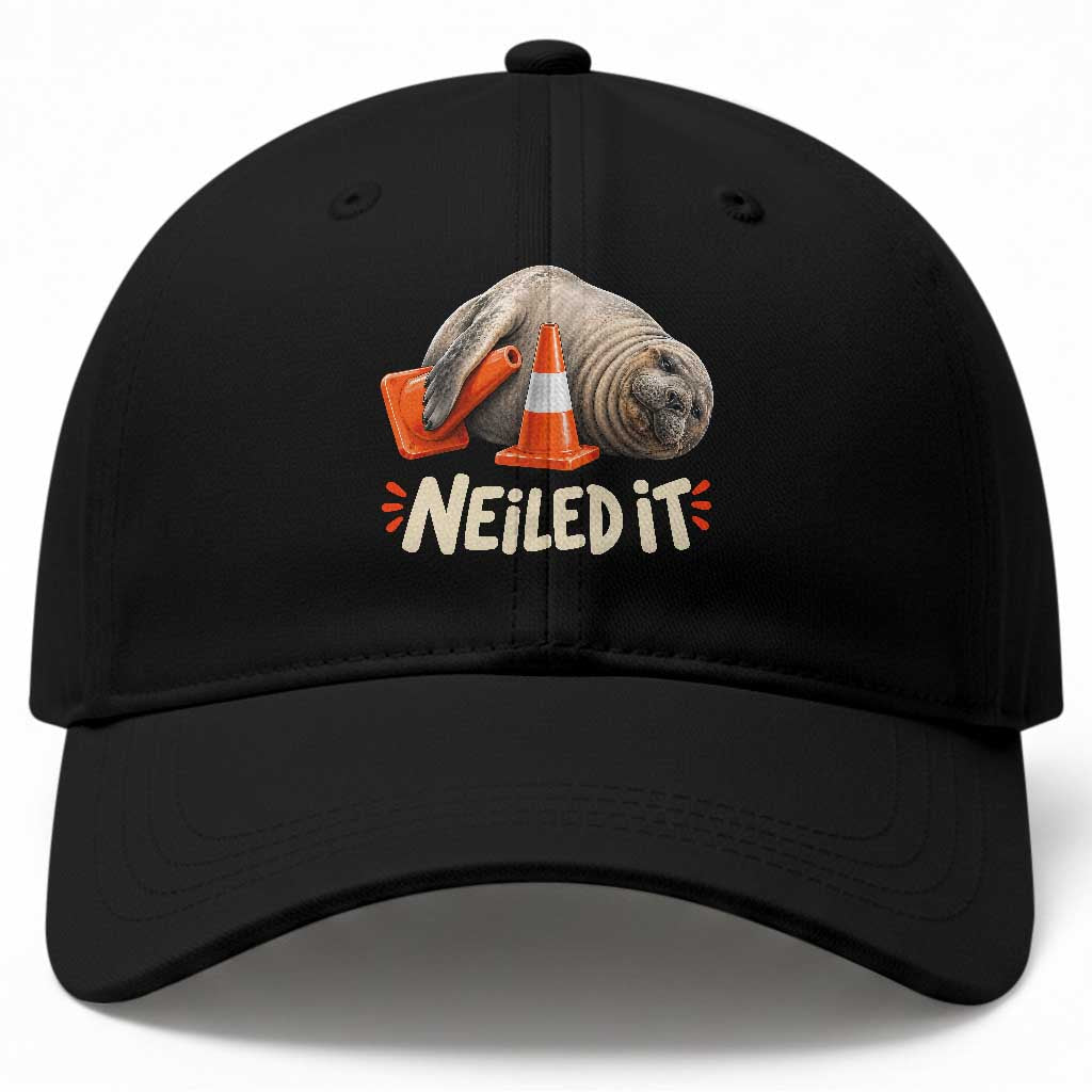 Funny Neil The Seal Nailed It Meme Baseball Cap Cute Chaotic Viral Elephant Seal Traffic Cone Pun