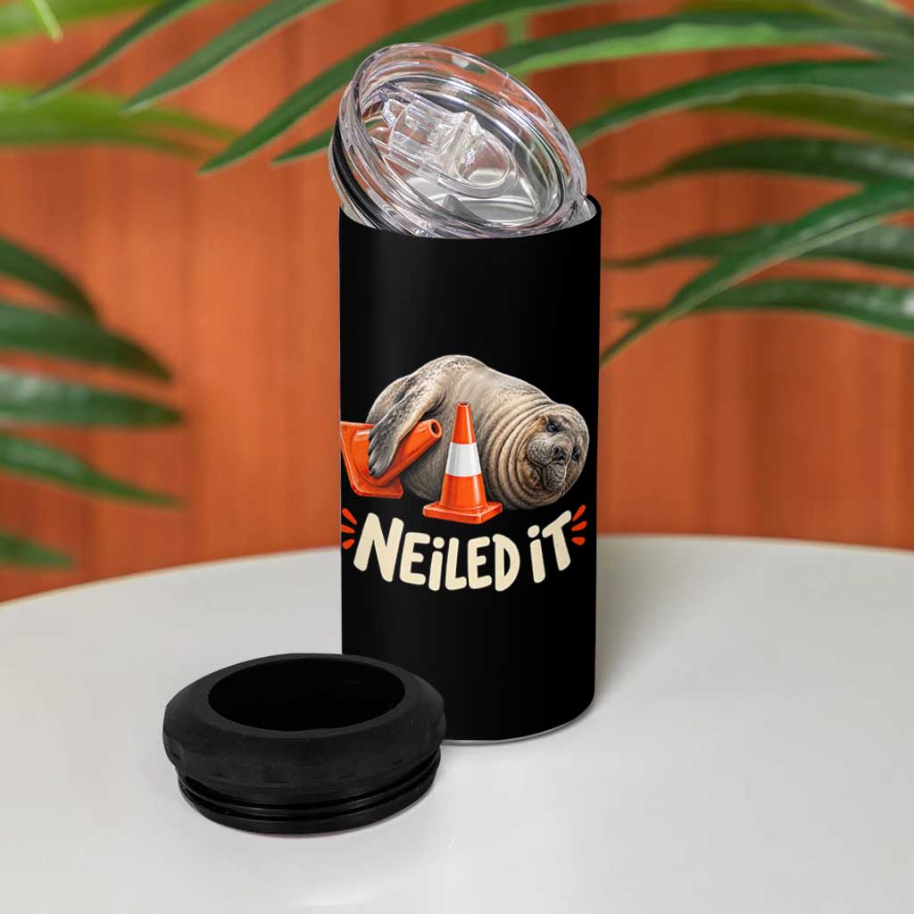 Funny Neil The Seal Nailed It Meme 4 in 1 Can Cooler Tumbler Cute Chaotic Viral Elephant Seal Traffic Cone Pun