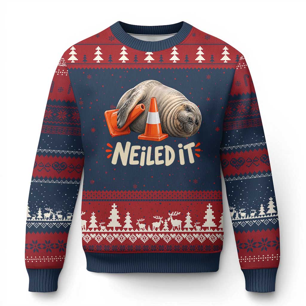 Funny Neil The Seal Nailed It Meme Ugly Christmas Sweater Cute Chaotic Viral Elephant Seal Traffic Cone Pun