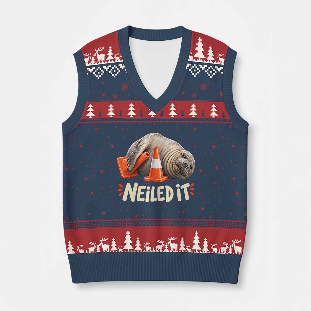 Funny Neil The Seal Nailed It Meme V-Neck Knit Sweater Vest Cute Chaotic Viral Elephant Seal Traffic Cone Pun