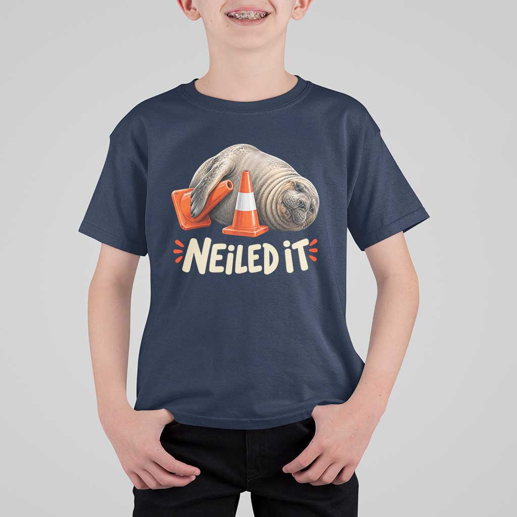 Funny Neil The Seal Nailed It Meme T Shirt For Kid Cute Chaotic Viral Elephant Seal Traffic Cone Pun