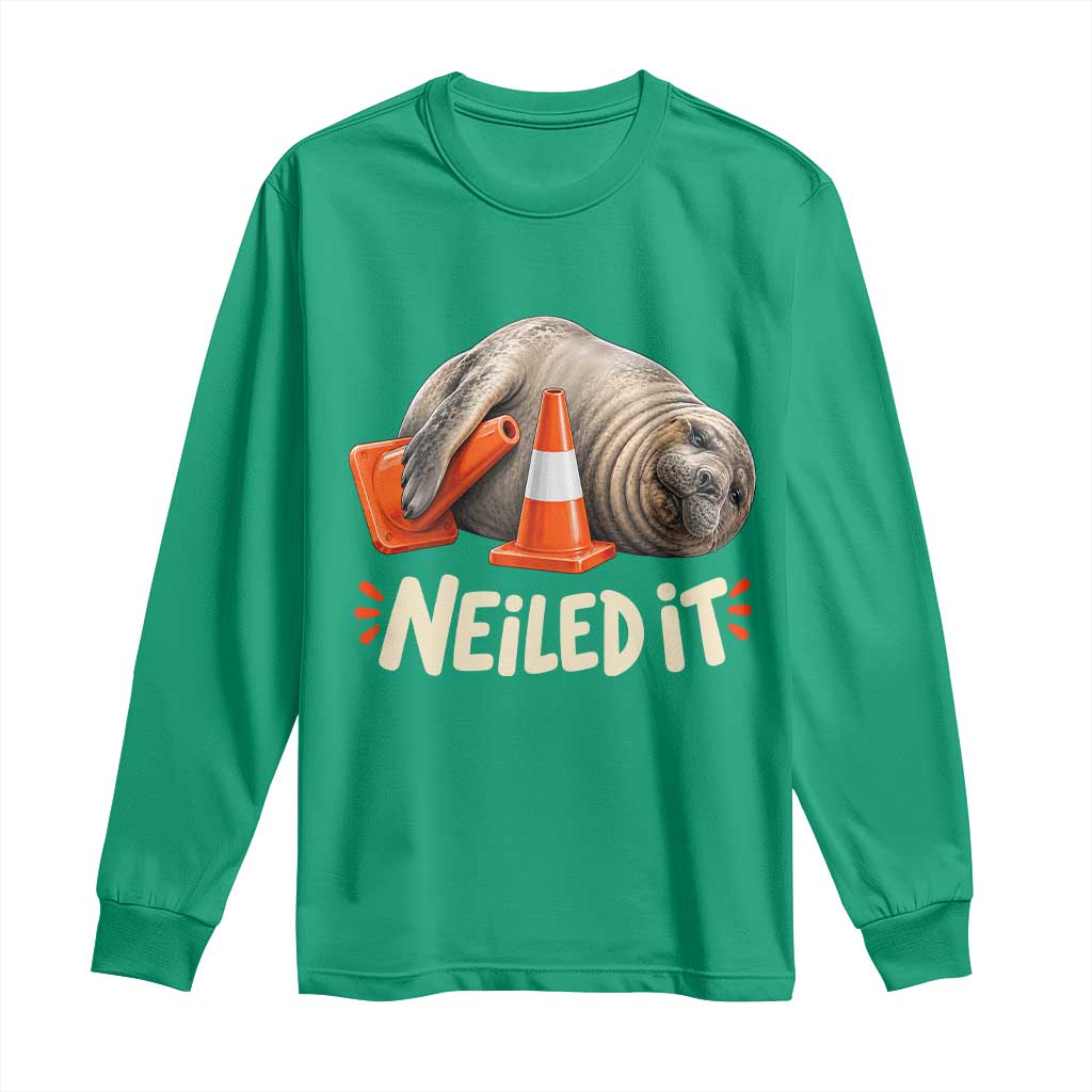 Funny Neil The Seal Nailed It Meme Long Sleeve Shirt Cute Chaotic Viral Elephant Seal Traffic Cone Pun