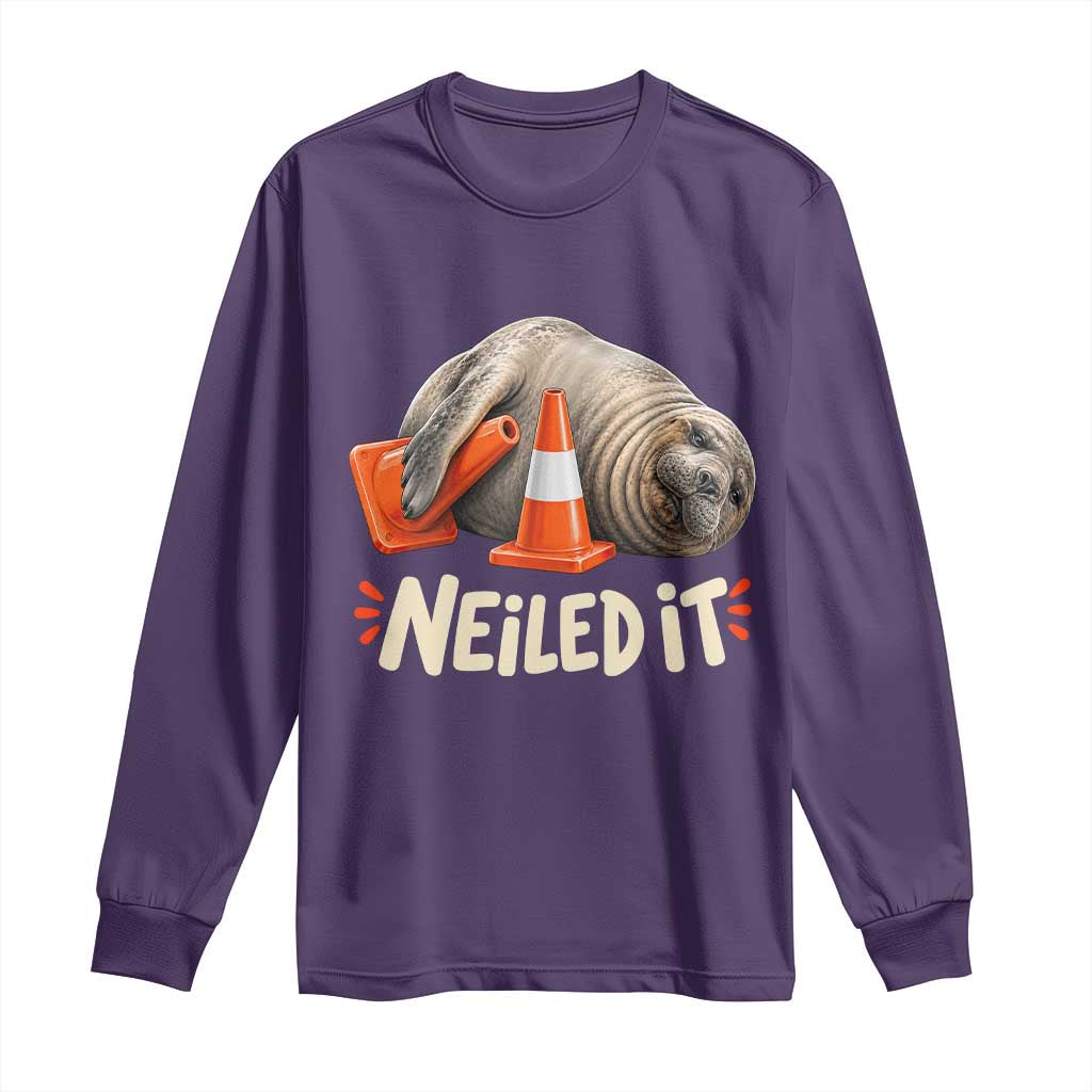 Funny Neil The Seal Nailed It Meme Long Sleeve Shirt Cute Chaotic Viral Elephant Seal Traffic Cone Pun