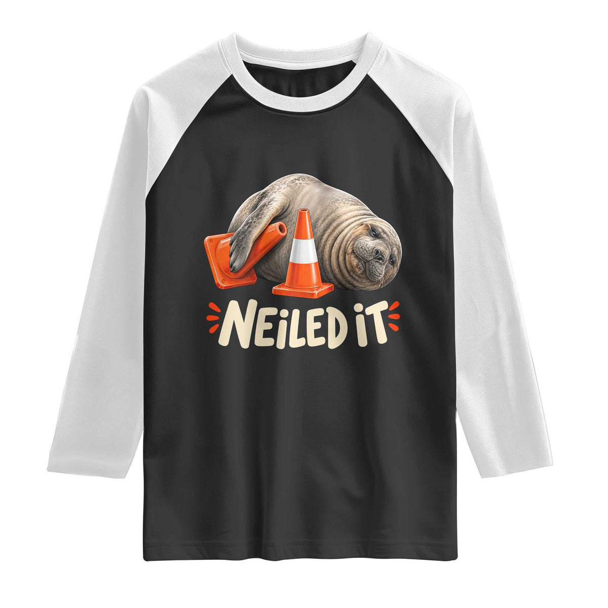 Funny Neil The Seal Nailed It Meme Raglan Shirt Cute Chaotic Viral Elephant Seal Traffic Cone Pun