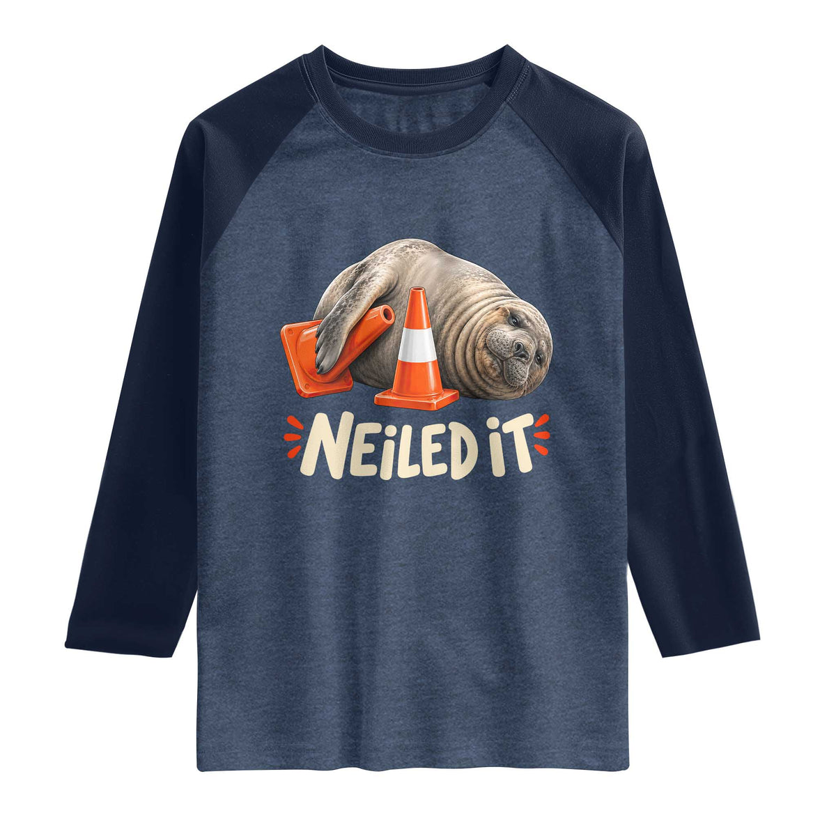 Funny Neil The Seal Nailed It Meme Raglan Shirt Cute Chaotic Viral Elephant Seal Traffic Cone Pun