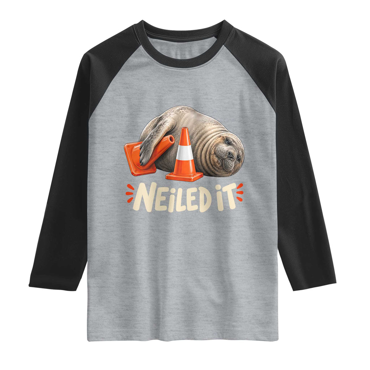 Funny Neil The Seal Nailed It Meme Raglan Shirt Cute Chaotic Viral Elephant Seal Traffic Cone Pun
