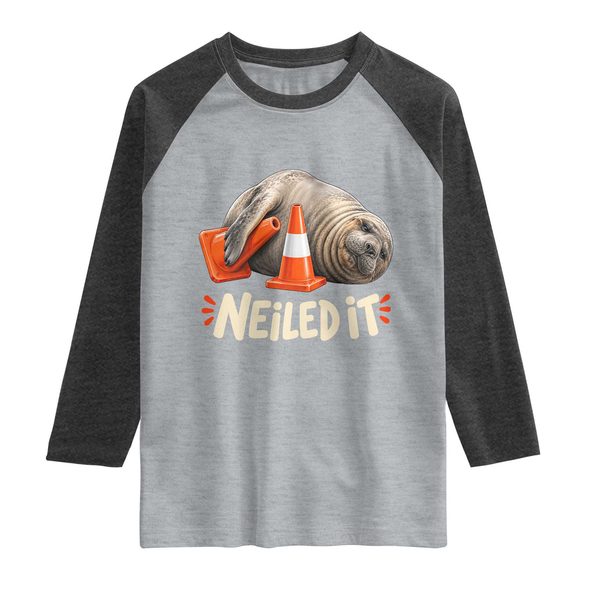 Funny Neil The Seal Nailed It Meme Raglan Shirt Cute Chaotic Viral Elephant Seal Traffic Cone Pun