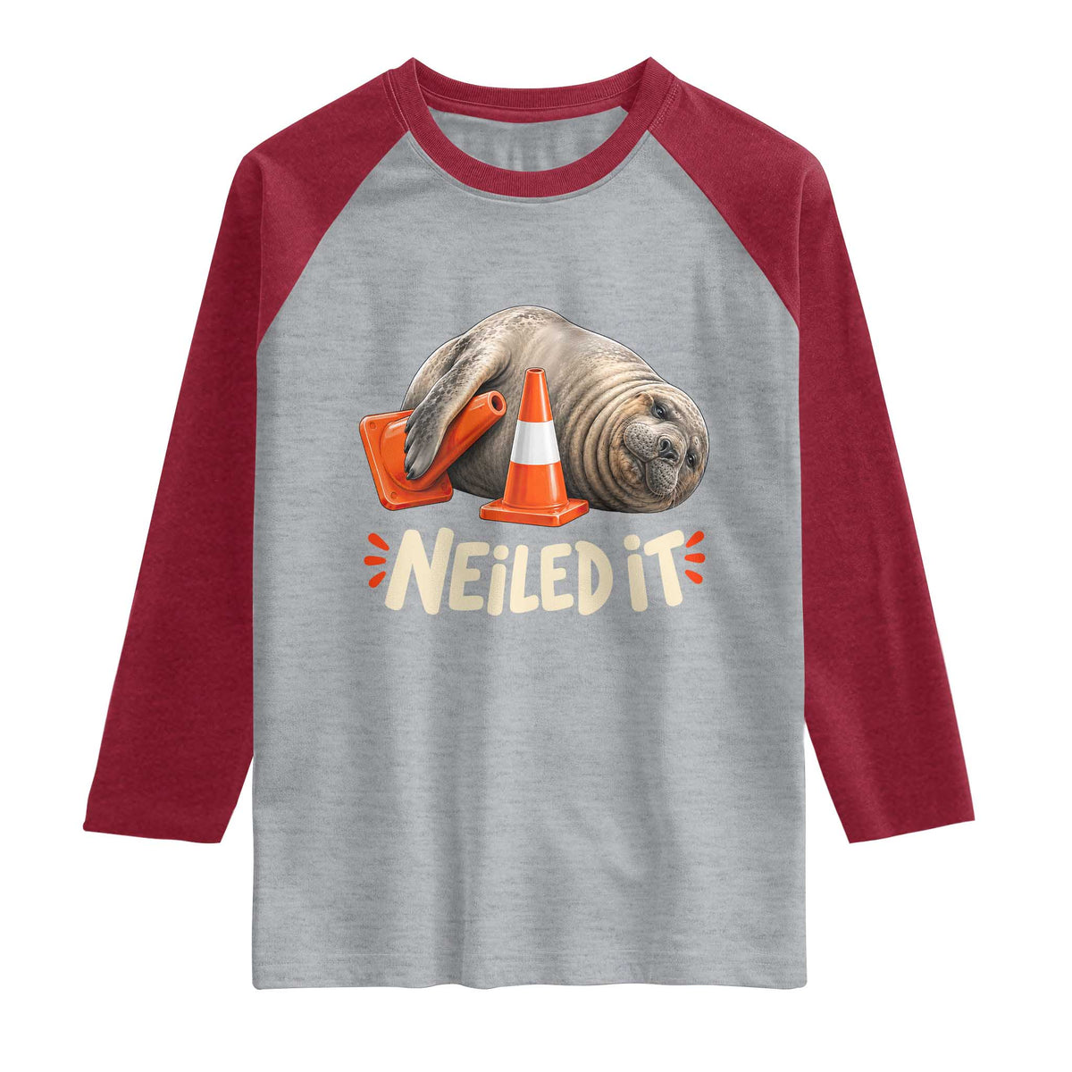 Funny Neil The Seal Nailed It Meme Raglan Shirt Cute Chaotic Viral Elephant Seal Traffic Cone Pun