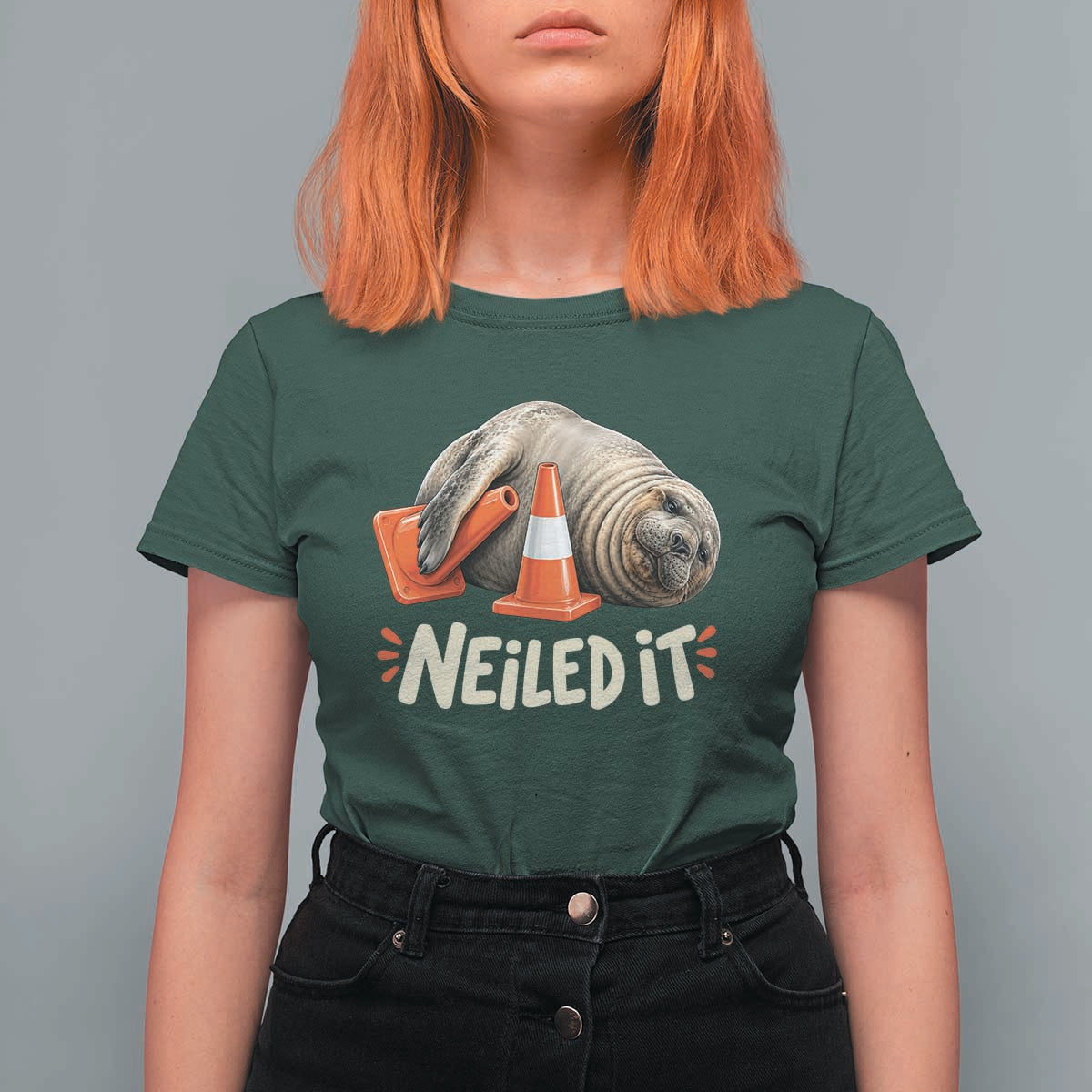 Funny Neil The Seal Nailed It Meme T Shirt For Women Cute Chaotic Viral Elephant Seal Traffic Cone Pun