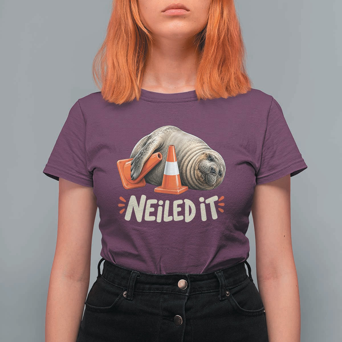 Funny Neil The Seal Nailed It Meme T Shirt For Women Cute Chaotic Viral Elephant Seal Traffic Cone Pun