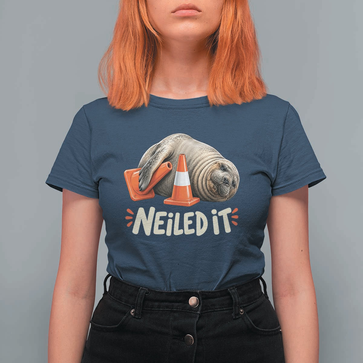 Funny Neil The Seal Nailed It Meme T Shirt For Women Cute Chaotic Viral Elephant Seal Traffic Cone Pun