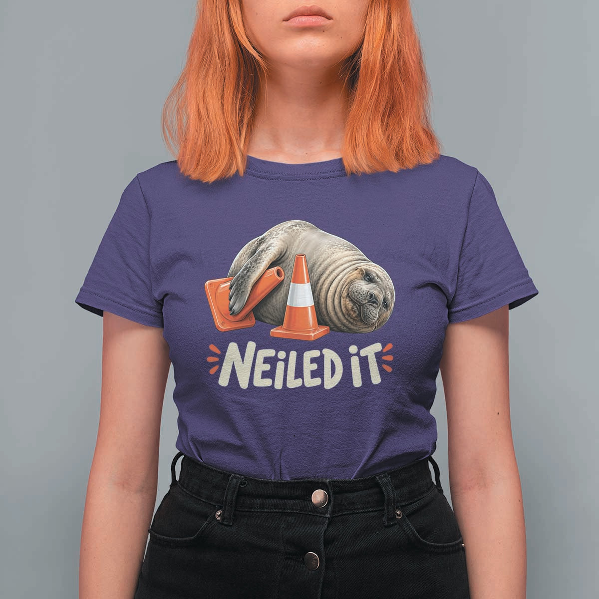 Funny Neil The Seal Nailed It Meme T Shirt For Women Cute Chaotic Viral Elephant Seal Traffic Cone Pun