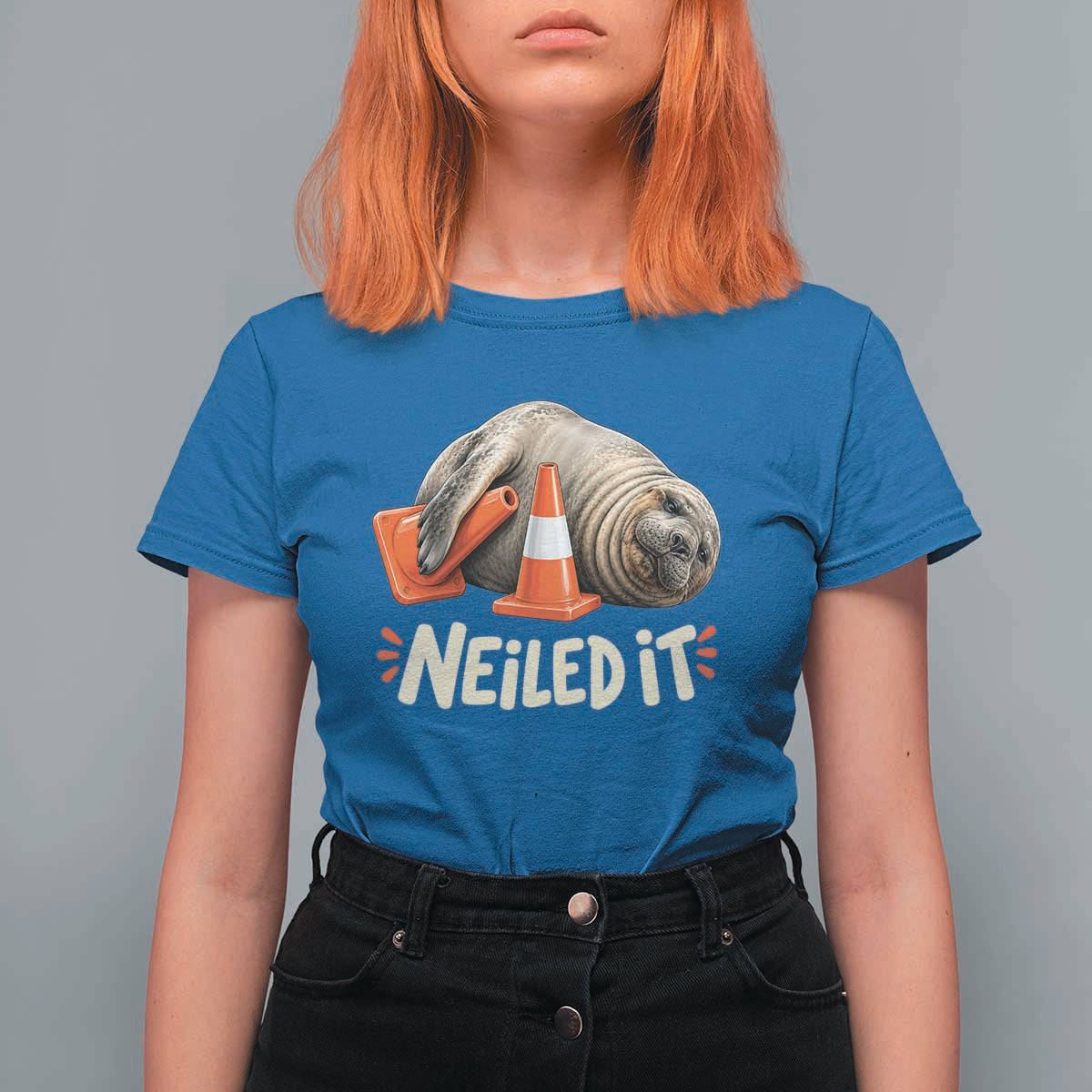 Funny Neil The Seal Nailed It Meme T Shirt For Women Cute Chaotic Viral Elephant Seal Traffic Cone Pun