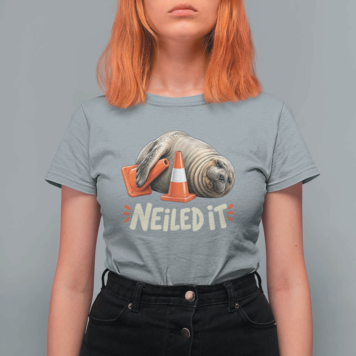 Funny Neil The Seal Nailed It Meme T Shirt For Women Cute Chaotic Viral Elephant Seal Traffic Cone Pun