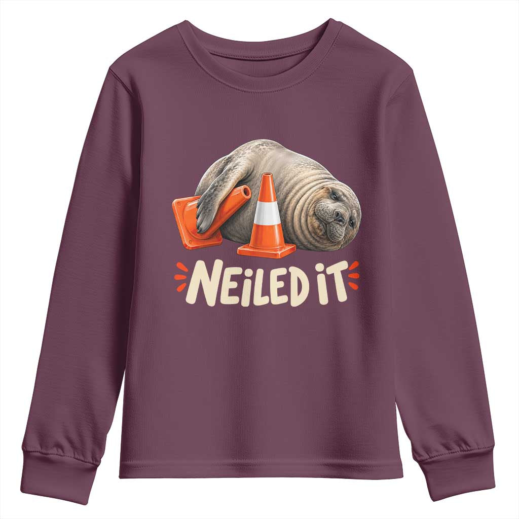 Funny Neil The Seal Nailed It Meme Youth Sweatshirt Cute Chaotic Viral Elephant Seal Traffic Cone Pun
