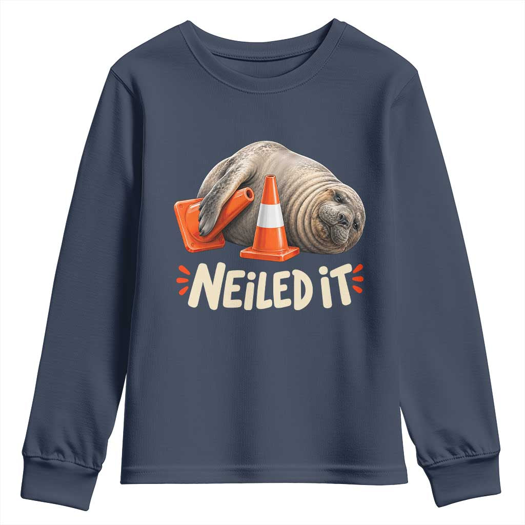 Funny Neil The Seal Nailed It Meme Youth Sweatshirt Cute Chaotic Viral Elephant Seal Traffic Cone Pun