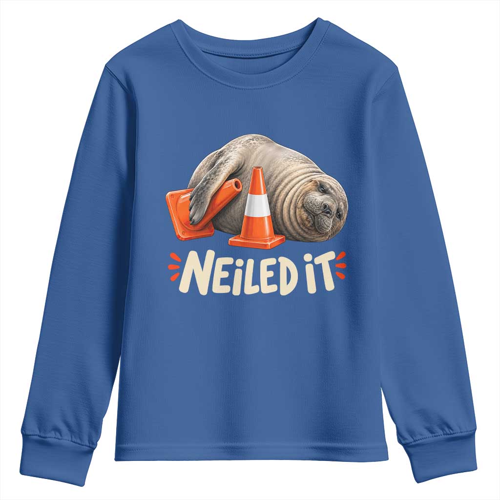 Funny Neil The Seal Nailed It Meme Youth Sweatshirt Cute Chaotic Viral Elephant Seal Traffic Cone Pun